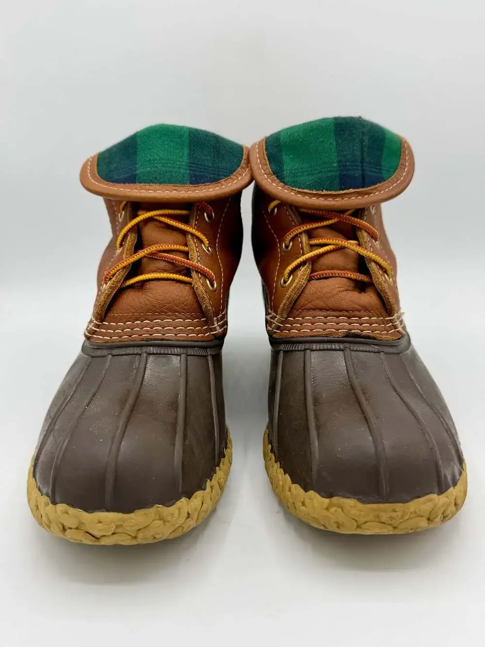 L.L.Bean Bean Boots Women 7.5 Brown Leather Duck Boots Plaid Modified Ankle